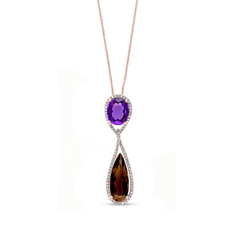 Main Image 1 of EFFY™ Collection Amethyst, Elongated Smoky Quartz and 1/3 CT. T.W. Diamond Drop Pendant in 14K Rose Gold