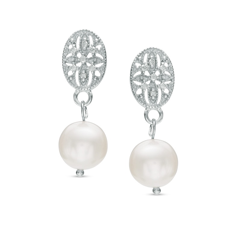 Main Image 1 of 7.0-8.0mm Freshwater Cultured Pearl and Diamond Accent Vintage-Style Drop Earrings in Sterling Silver