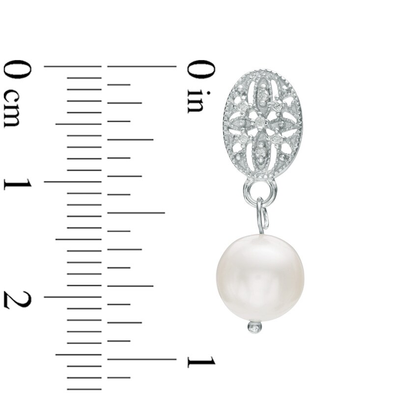 Main Image 2 of 7.0-8.0mm Freshwater Cultured Pearl and Diamond Accent Vintage-Style Drop Earrings in Sterling Silver
