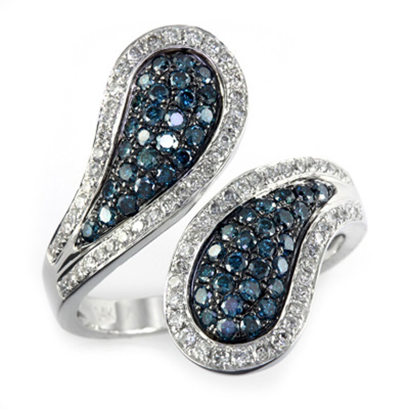 Main Image 1 of EFFY™ Collection 1 CT. T.W. Blue and White Diamond Paisley Bypass Ring in 14K White Gold