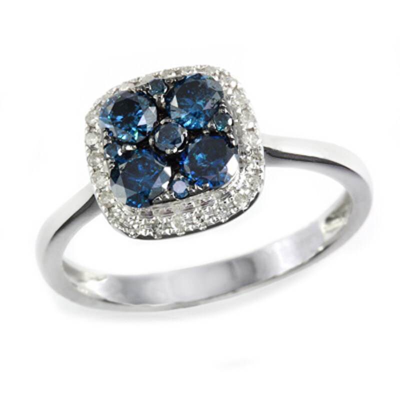 Main Image 1 of EFFY™ Collection 3/4 CT. T.W. Blue and White Diamond Cushion Frame Ring in 14K White Gold