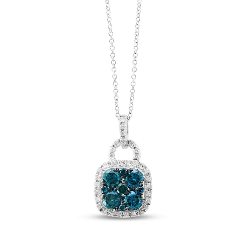 Main Image 1 of EFFY™ Collection 7/8 CT. T.W. Blue and White Diamond Cushion Frame Lock Pendant in 14K White Gold