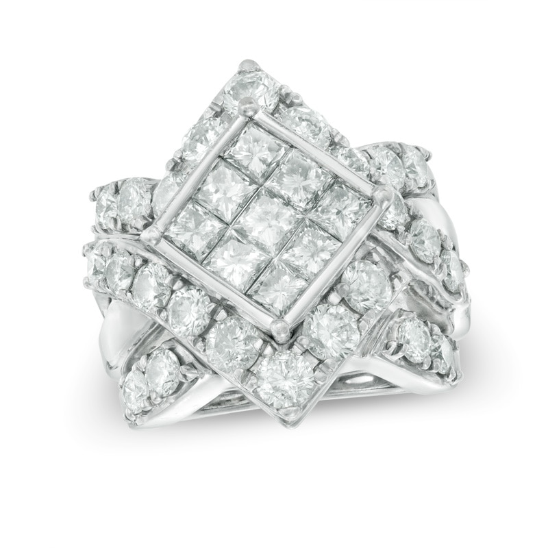 5 CT. T.W. Princess-Cut Composite Diamond Square Frame Crossover Bridal Set in 14K White Gold