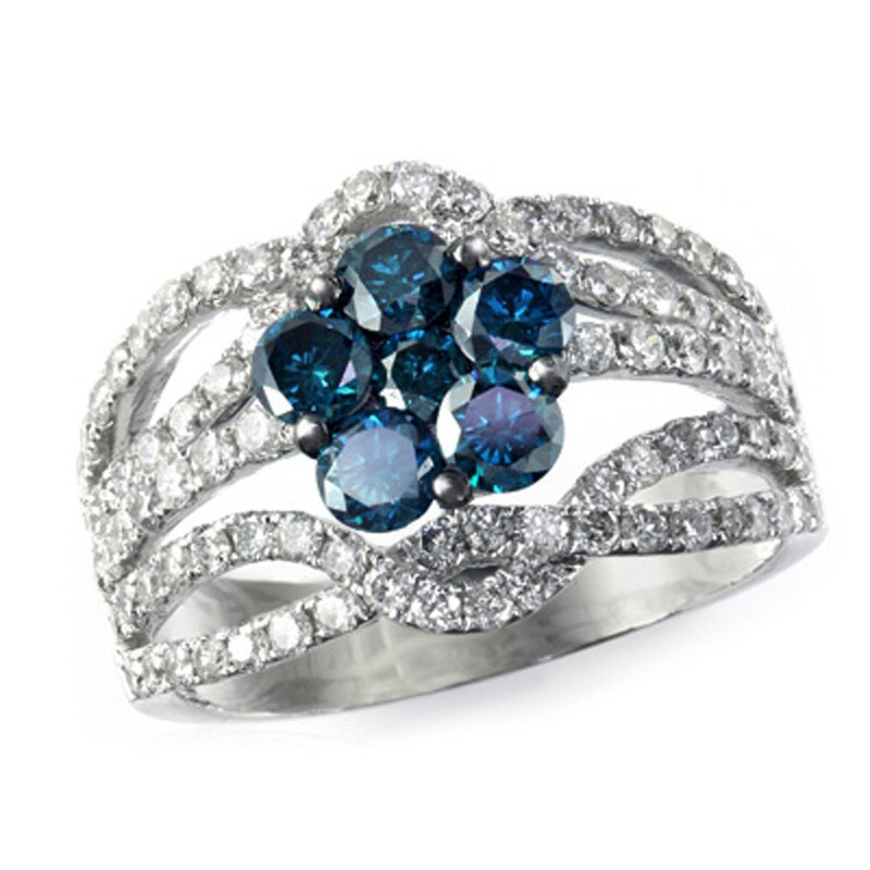 Main Image 1 of EFFY™ Collection 1-7/8 CT. T.W. Enhanced Blue and White Diamond Flower Ring in 14K White Gold