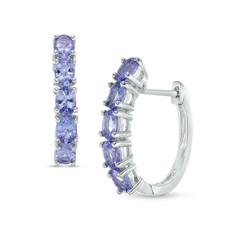 Main Image 1 of Oval Tanzanite Five Stone Hoop Earrings in Sterling Silver