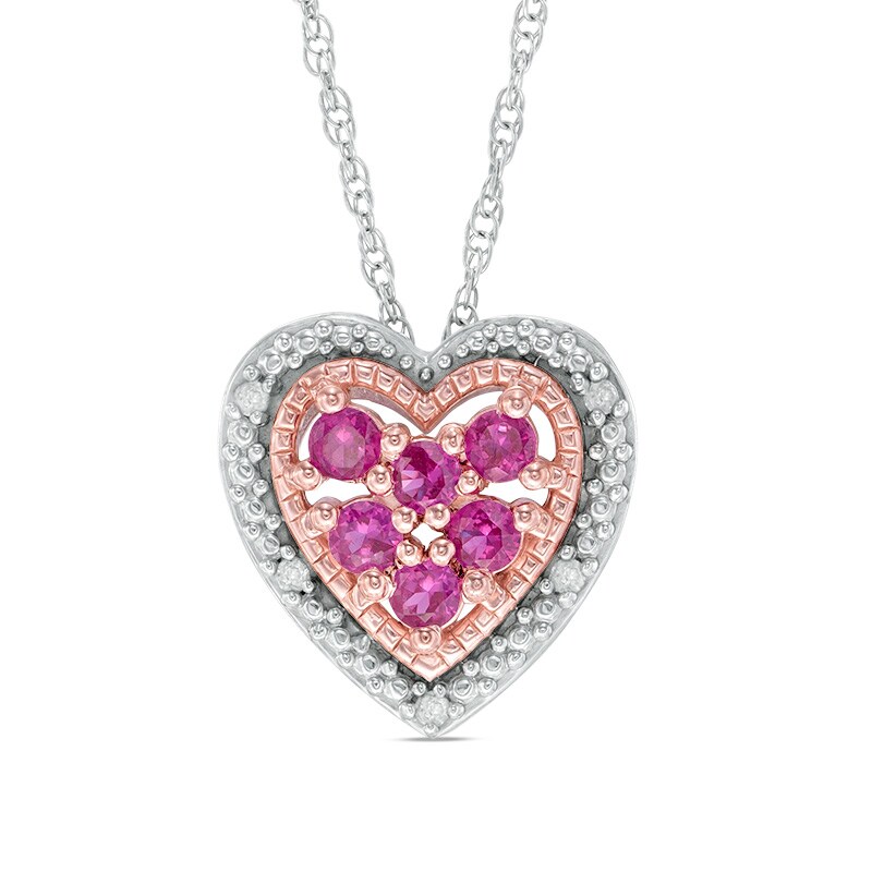 Main Image 1 of Lab-Created Ruby and White Sapphire Heart Pendant in Sterling Silver with 14K Rose Gold Plate