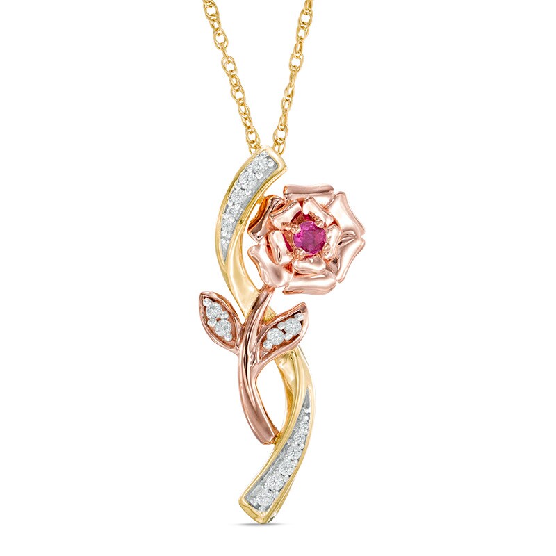 Main Image 1 of Lab-Created Ruby and White Sapphire Rose Pendant in Sterling Silver with 14K Two-Tone Gold Plate