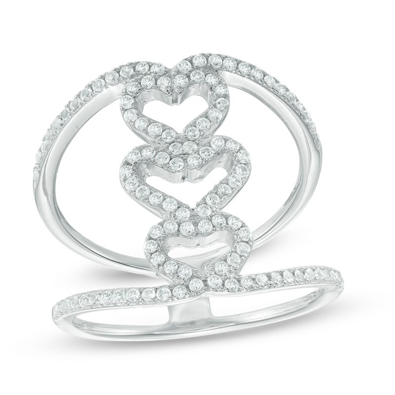 Main Image 1 of Lab-Created White Sapphire Triple Heart Bridge Ring in Sterling Silver