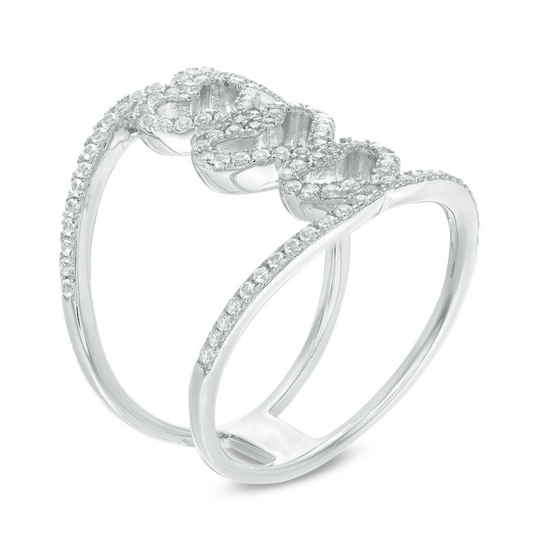 Main Image 2 of Lab-Created White Sapphire Triple Heart Bridge Ring in Sterling Silver