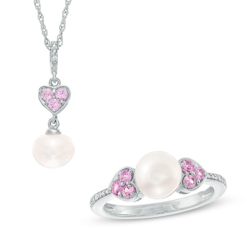 Cultured Freshwater Pearl, Lab-Created Pink Sapphire and Diamond Accent Pendant and Ring Set in Sterling Silver -Size 7