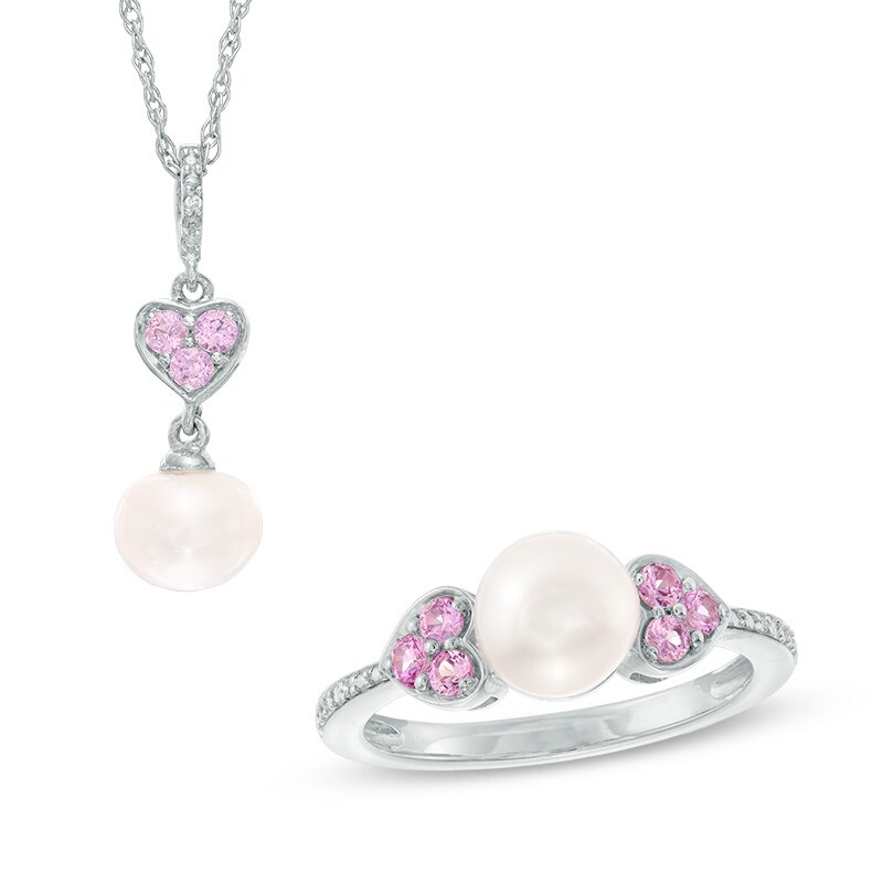 Main Image 1 of Freshwater Cultured Pearl, Lab-Created Pink Sapphire and Diamond Accent Pendant and Ring Set in Sterling Silver-Size 7