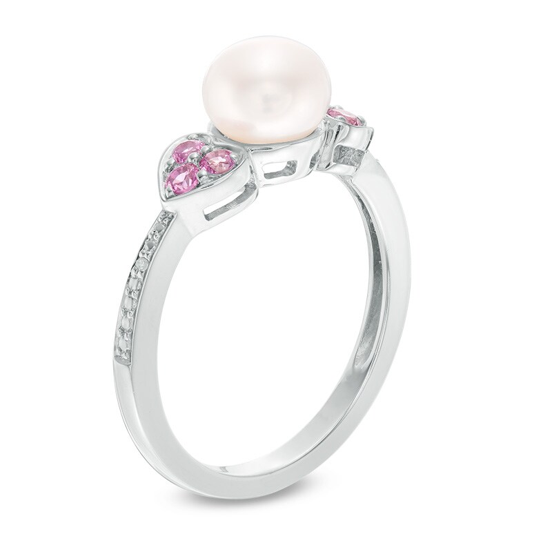 Main Image 2 of Freshwater Cultured Pearl, Lab-Created Pink Sapphire and Diamond Accent Pendant and Ring Set in Sterling Silver-Size 7