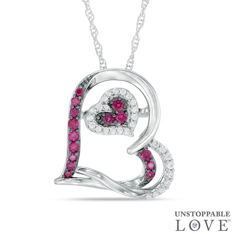 Main Image 1 of Lab-Created Ruby and White Sapphire Double Tilted Heart Pendant in Sterling Silver