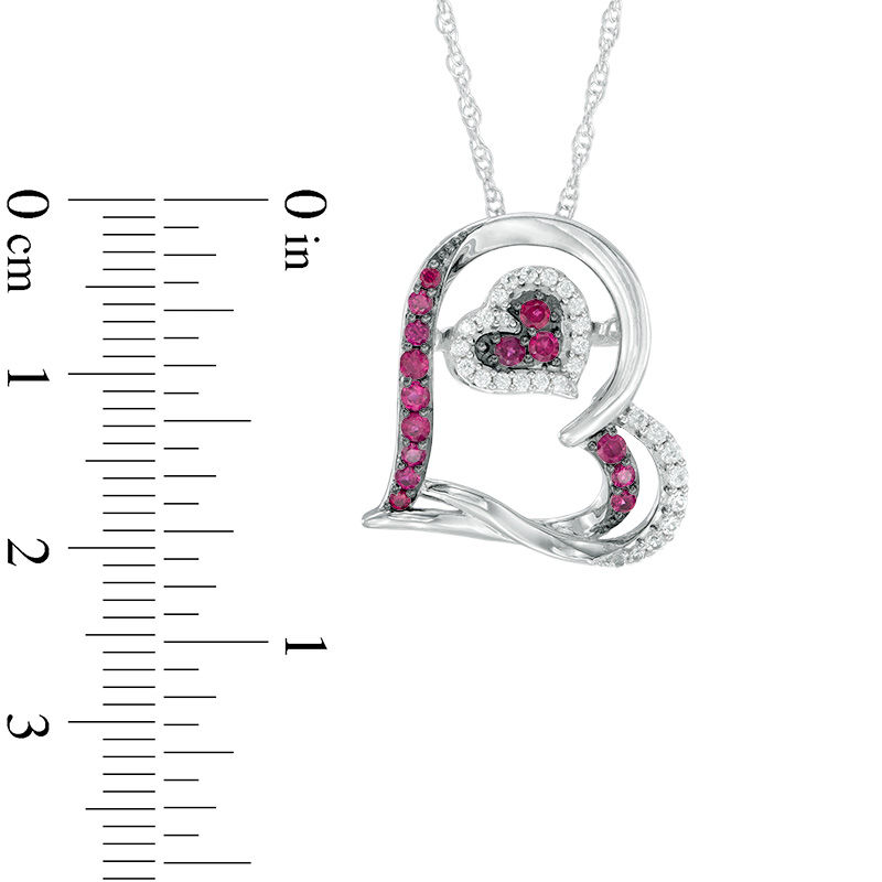 Main Image 2 of Lab-Created Ruby and White Sapphire Double Tilted Heart Pendant in Sterling Silver