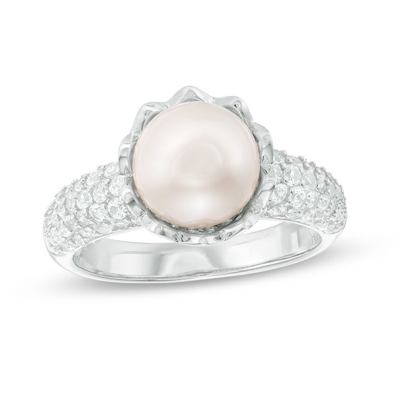 8.5 - 9.0mm Cultured Freshwater Pearl and Lab-Created White Sapphire Ring in Sterling Silver