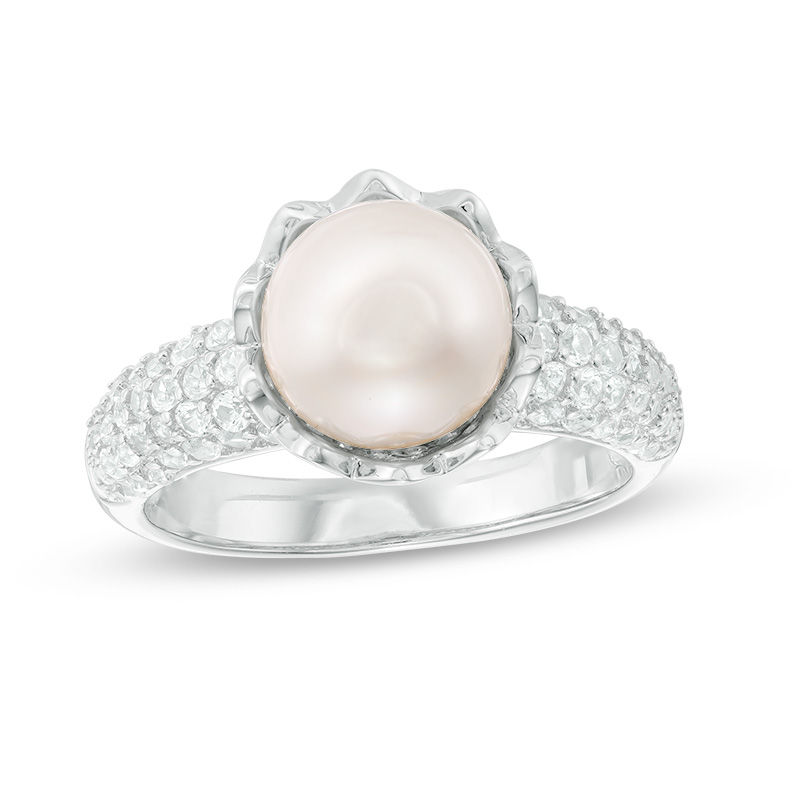 Main Image 1 of 8.5-9.0mm Freshwater Cultured Pearl and Lab-Created White Sapphire Ring in Sterling Silver