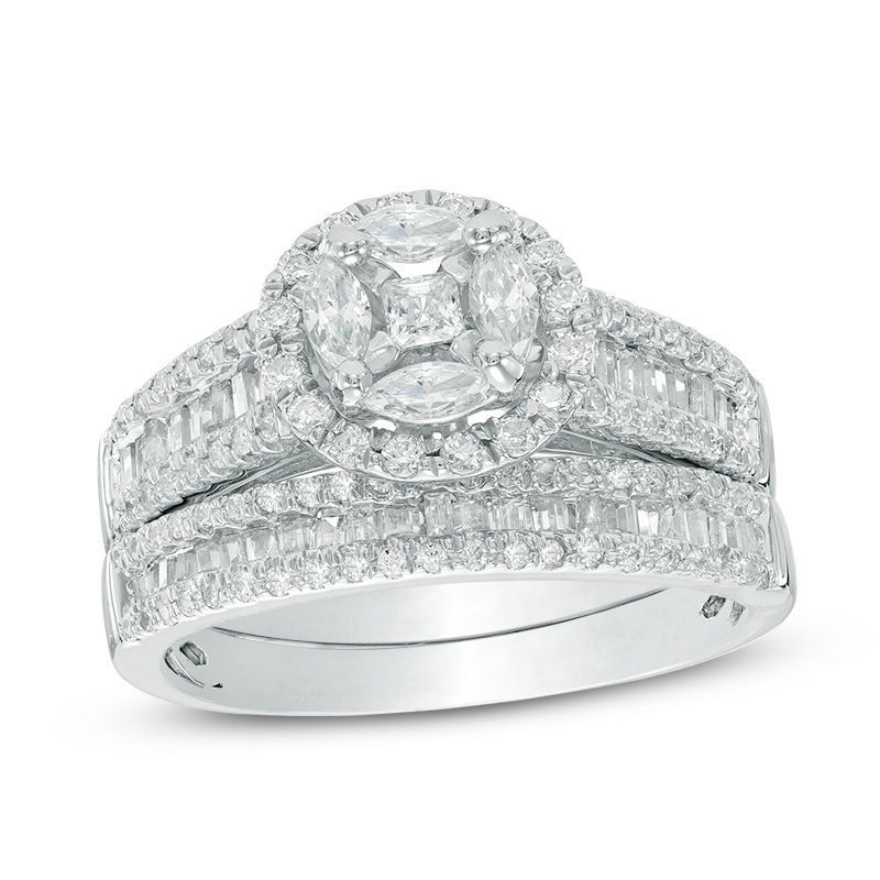 Main Image 1 of 1-1/6 CT. T.W. Multi-Diamond Frame Bridal Set in 10K White Gold