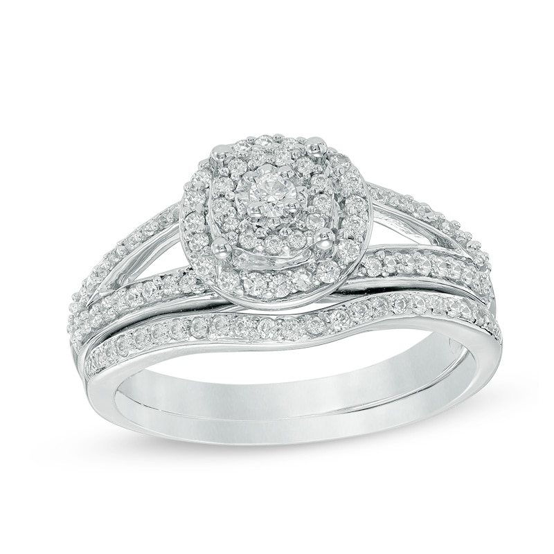 1/2 CT. T.W. Composite Diamond Double Frame Split Shank Bridal Set in 10K White Gold