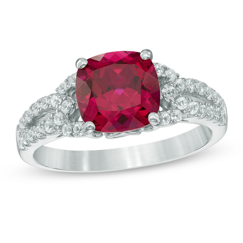 8.0mm Cushion-Cut Lab-Created Ruby and White Sapphire Split Shank Ring in Sterling Silver