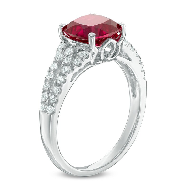 8.0mm Cushion-Cut Lab-Created Ruby and White Sapphire Split Shank Ring in Sterling Silver