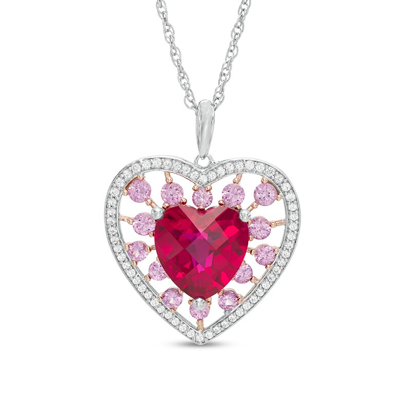 Main Image 1 of 9.0mm Heart-Shaped Lab-Created Ruby with Pink and White Sapphire Heart Pendant in Sterling Silver
