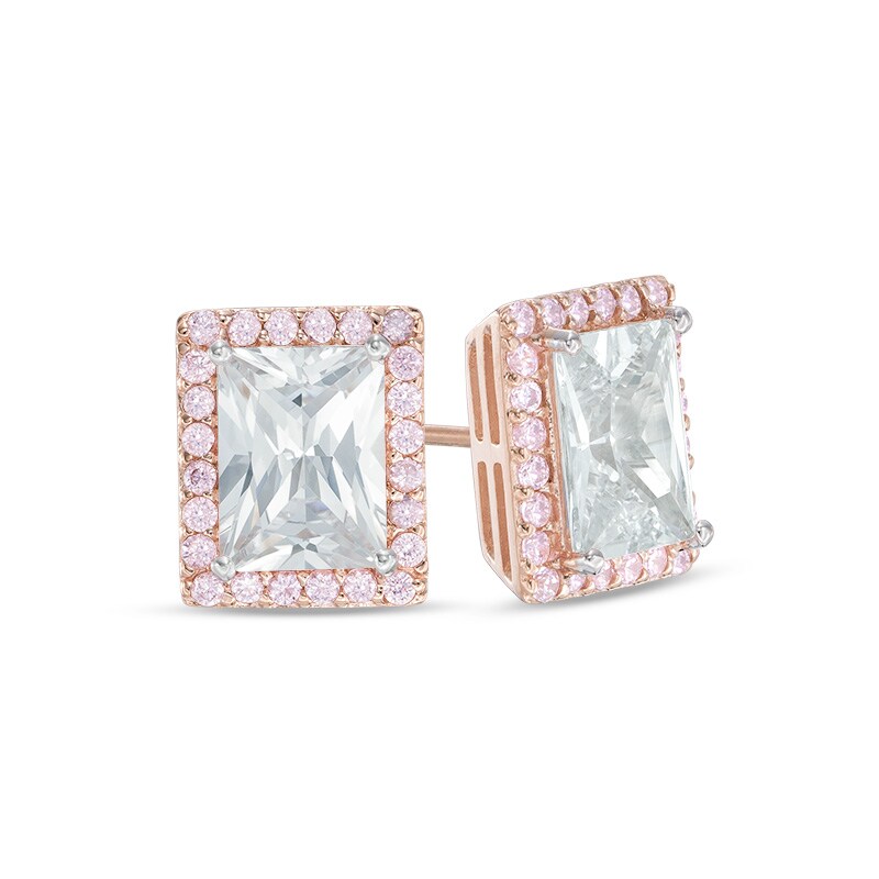 Main Image 1 of Rectangular Lab-Created White and Pink Sapphire Frame Stud Earrings in Sterling Silver with 18K Rose Gold Plate