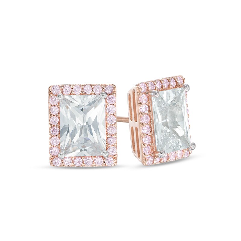 Rectangular Lab-Created White and Pink Sapphire Frame Stud Earrings in Sterling Silver with 18K Rose Gold Plate