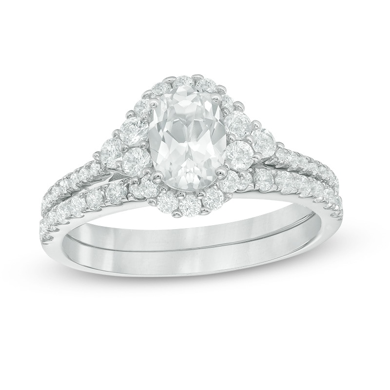 Main Image 1 of Oval Lab-Created White Sapphire Frame Bridal Set in Sterling Silver