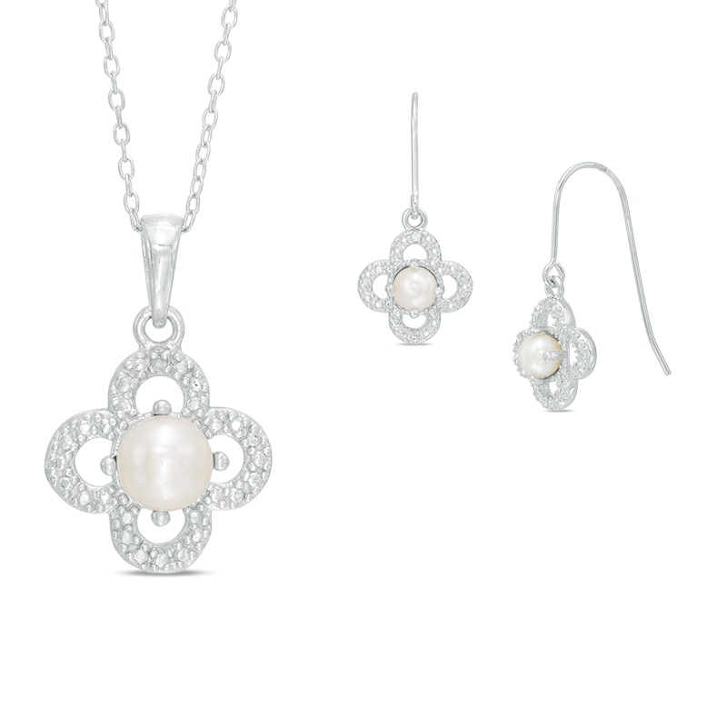 Cultured Freshwater Pearl and Lab-Created White Sapphire Clover Pendant and Earrings Set in Sterling Silver