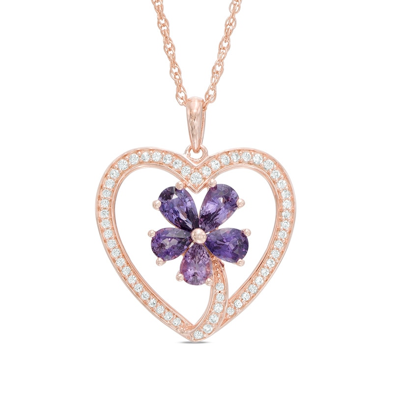 Pear-Shaped Amethyst and Lab-Created White Sapphire Flower in Heart Pendant in Sterling Silver with 14K Rose Gold Plate