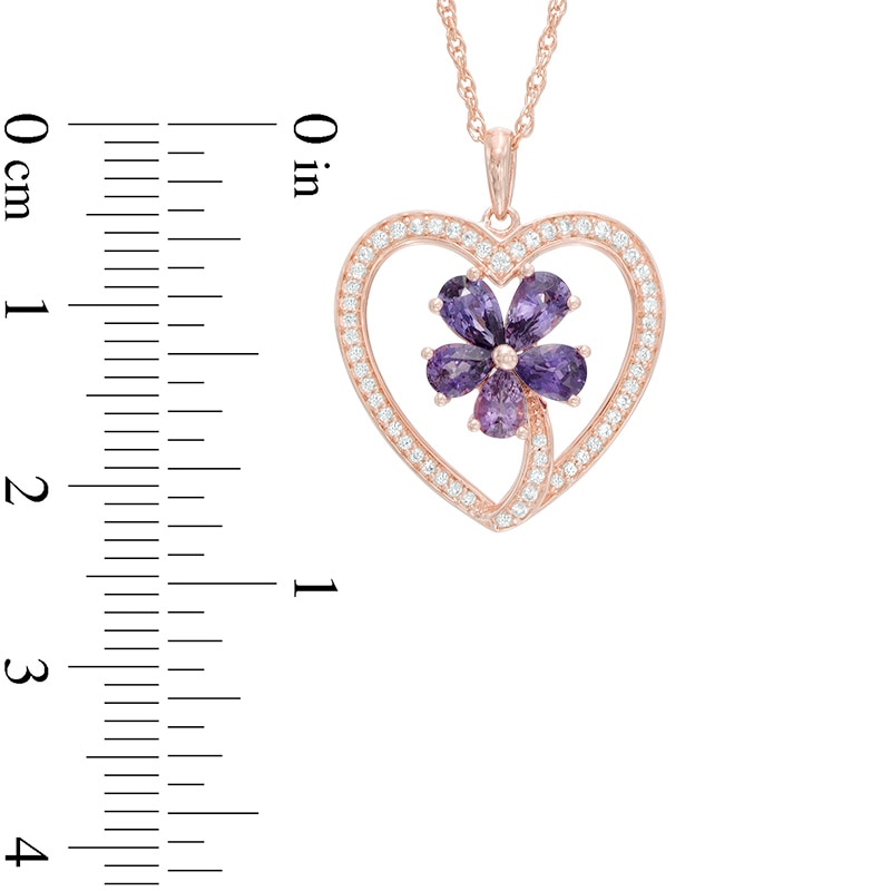 Pear-Shaped Amethyst and Lab-Created White Sapphire Flower in Heart Pendant in Sterling Silver with 14K Rose Gold Plate