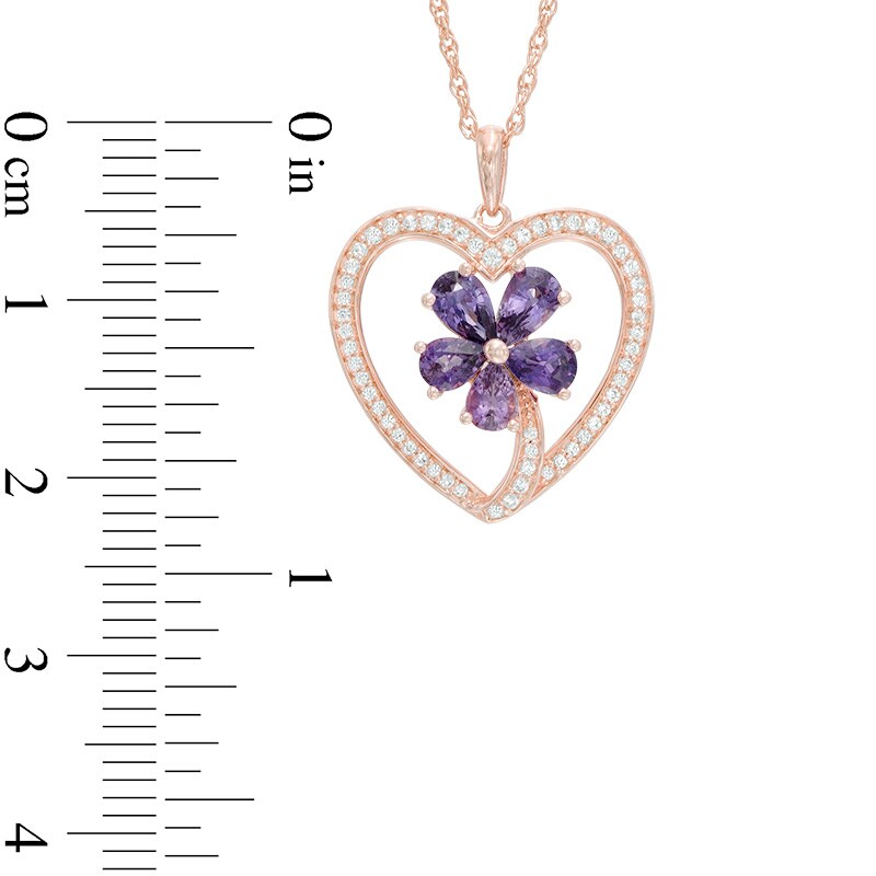 Main Image 2 of Pear-Shaped Amethyst and Lab-Created White Sapphire Flower in Heart Pendant in Sterling Silver with 14K Rose Gold Plate