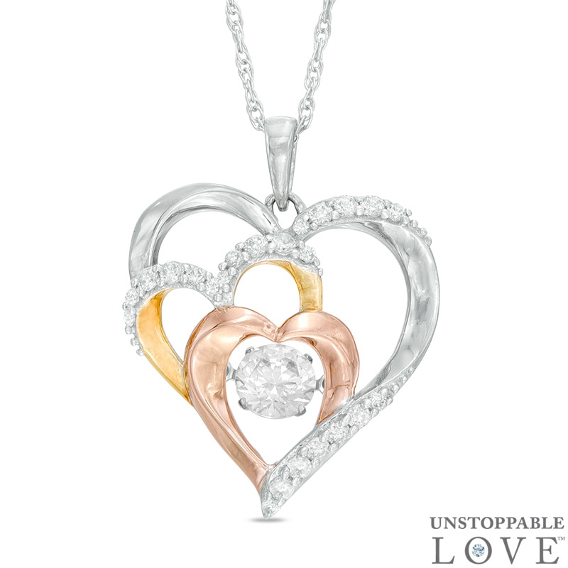 Lab-Created White Sapphire Triple Heart Pendant in Sterling Silver with 14K Two-Tone Gold Plate
