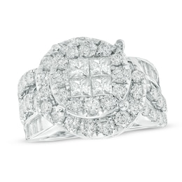 3 CT. T.W. Quad Princess-Cut Diamond Round Frame Swirl Ring in 14K White Gold