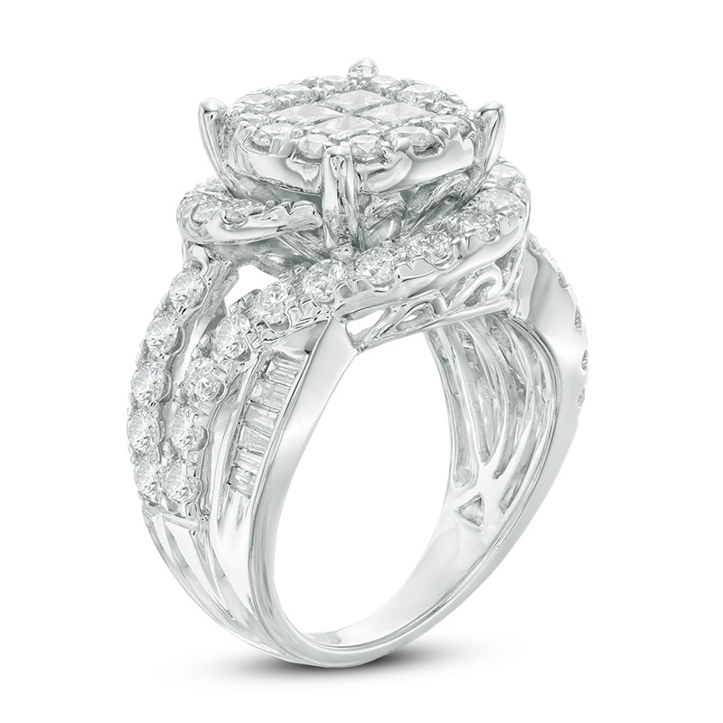 3 CT. T.W. Quad Princess-Cut Diamond Round Frame Swirl Ring in 14K White Gold