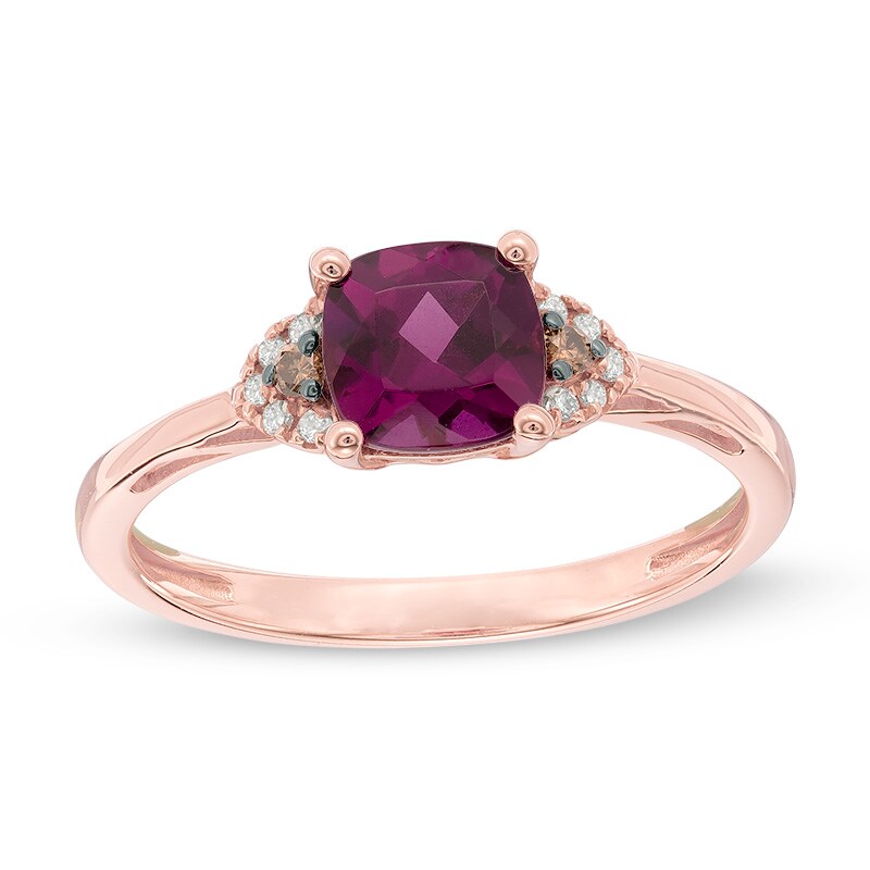Main Image 1 of 6.0mm Cushion-Cut Rhodolite Garnet and Champagne and White Diamond Accent Ring in 10K Rose Gold