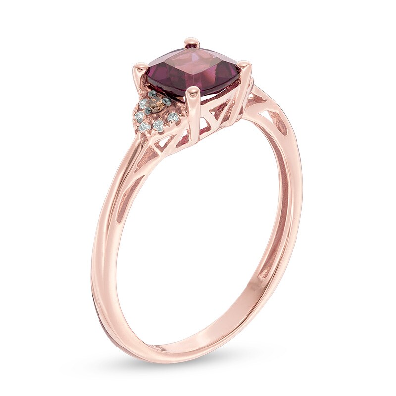 Main Image 2 of 6.0mm Cushion-Cut Rhodolite Garnet and Champagne and White Diamond Accent Ring in 10K Rose Gold