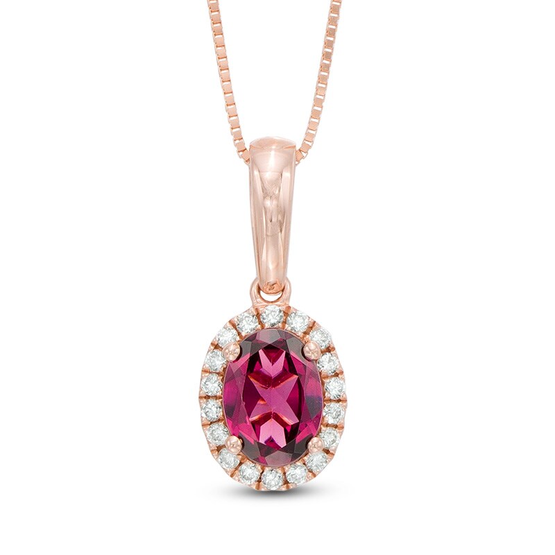 Main Image 1 of Oval Rhodolite Garnet and 1/10 CT. T.W. Diamond Frame Pendant in 10K Rose Gold