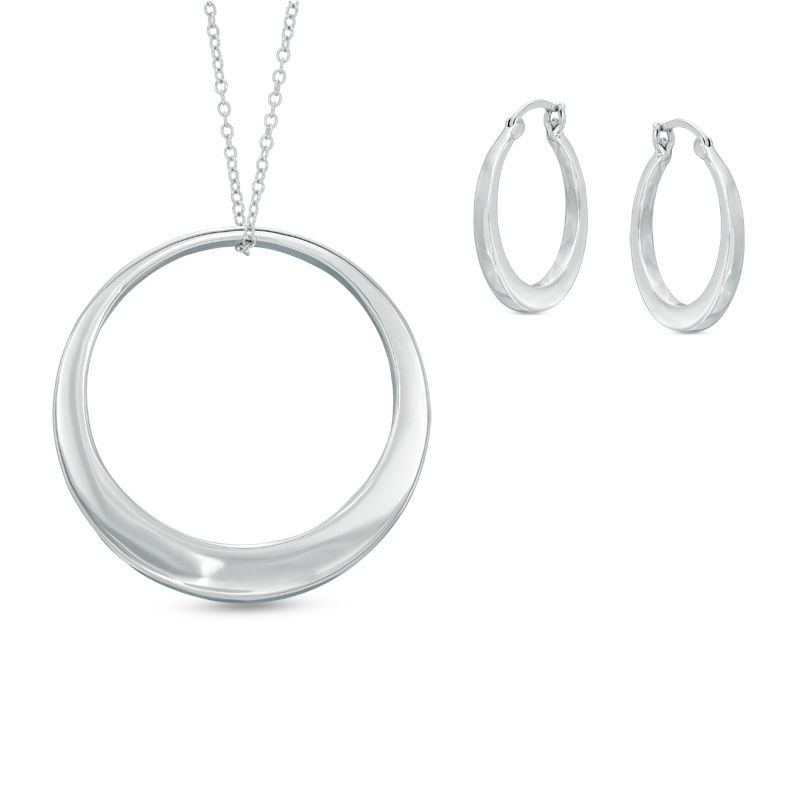 Polished Hoop Earrings and Circle Pendant Set in Sterling Silver