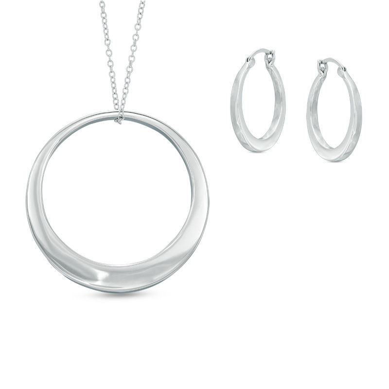 Main Image 1 of Polished Hoop Earrings and Circle Pendant Set in Sterling Silver