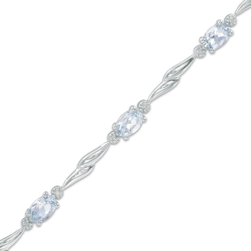 Oval Aquamarine and Diamond Accent Link Bypass Bracelet in Sterling Silver - 7.25"