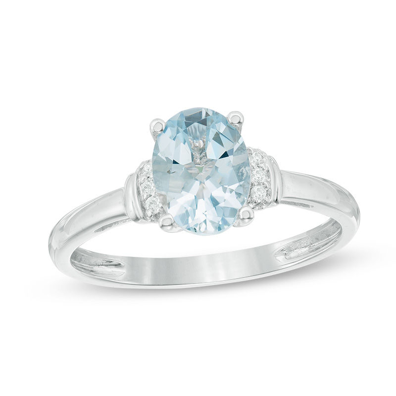 Main Image 1 of Oval Aquamarine and Diamond Accent Ring in 10K White Gold