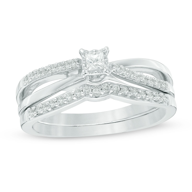 Main Image 1 of 1/4 CT. T.W. Princess-Cut Diamond Crossover Bridal Set in 10K White Gold