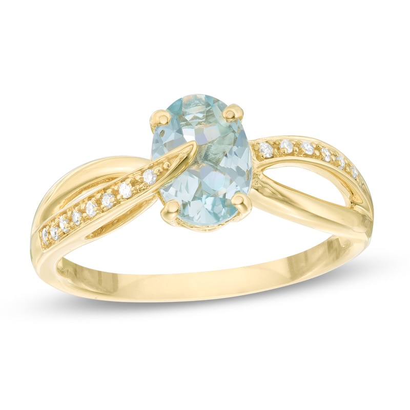 Main Image 1 of Oval Aquamarine and Diamond Accent Split Shank Ring in 10K Gold
