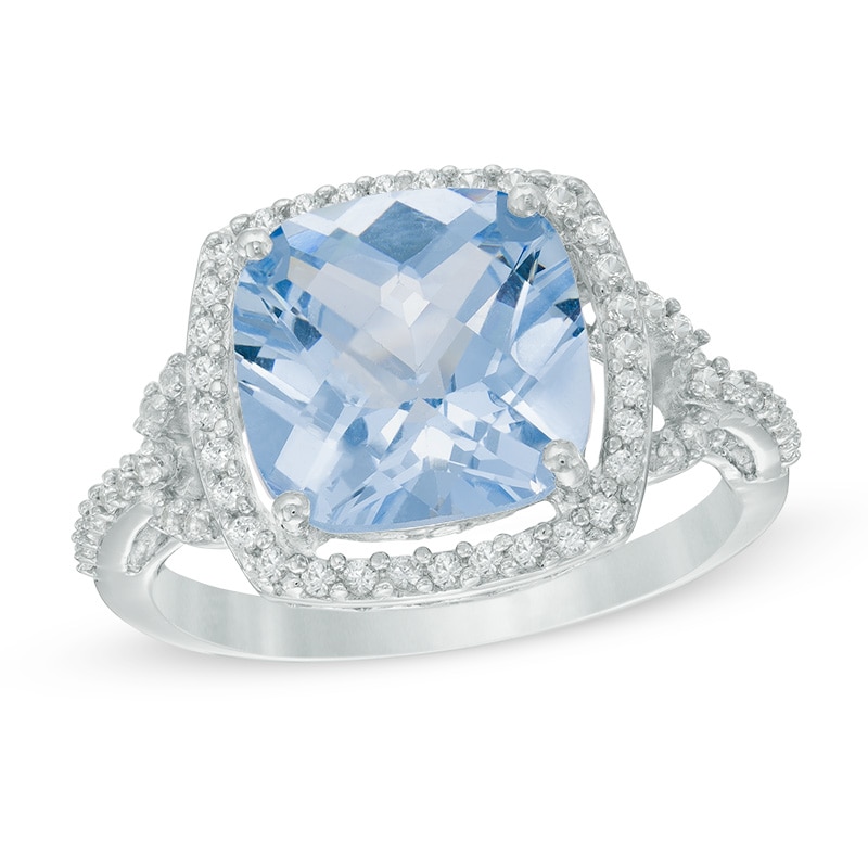 Main Image 1 of 10.0mm Cushion-Cut Lab-Created Blue Spinel and White Sapphire Buckle Frame Ring in Sterling Silver