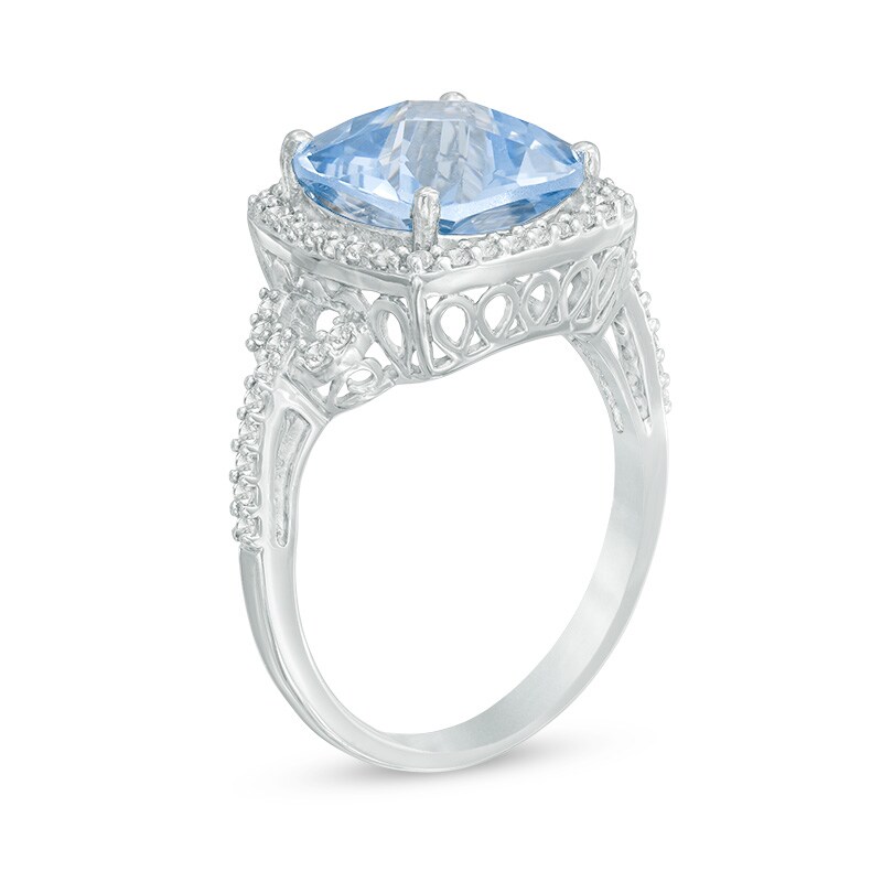 Main Image 2 of 10.0mm Cushion-Cut Lab-Created Blue Spinel and White Sapphire Buckle Frame Ring in Sterling Silver
