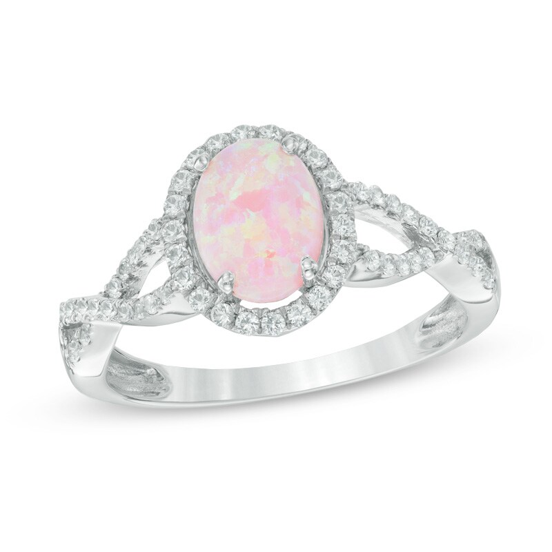Main Image 1 of Oval Lab-Created Pink Opal and White Sapphire Frame Ring in Sterling Silver