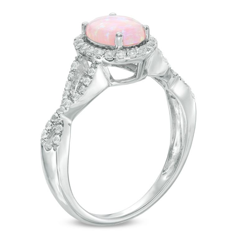 Main Image 2 of Oval Lab-Created Pink Opal and White Sapphire Frame Ring in Sterling Silver