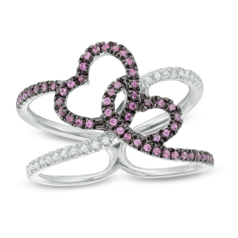 Main Image 1 of Lab-Created Ruby and White Sapphire Double Heart Loop Ring in Sterling Silver