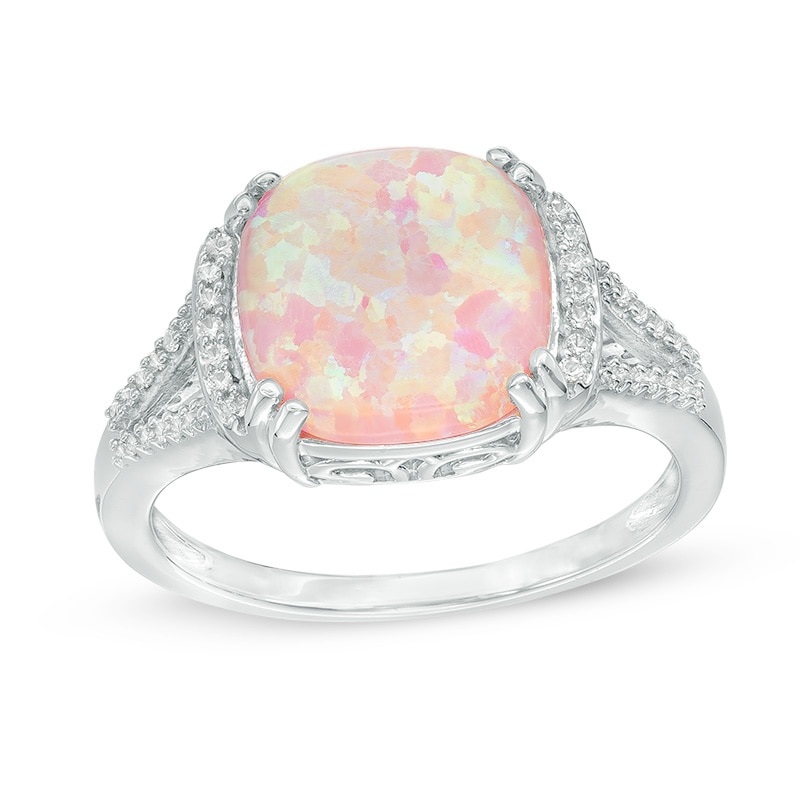 Main Image 1 of 10.0mm Cushion-Cut Lab-Created Pink Opal and White Sapphire Split Shank Ring in Sterling Silver